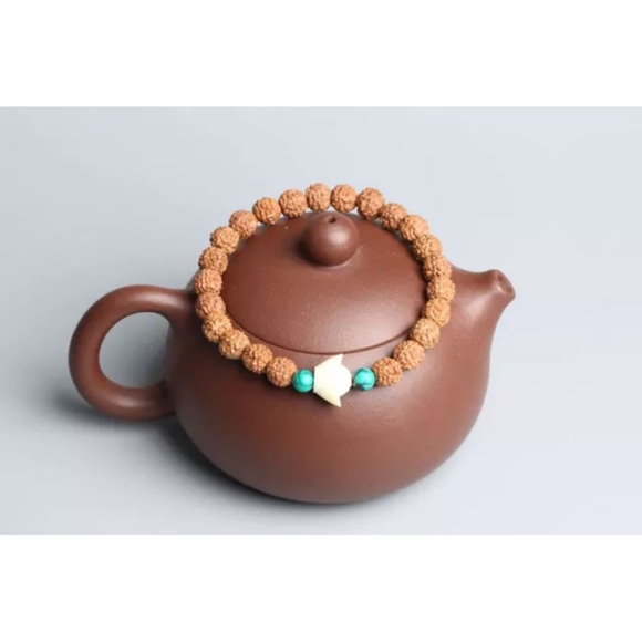 Rudraksha beads bracelet with turquoise looking beads and lotus flower stretchy - Picture 2 of 2